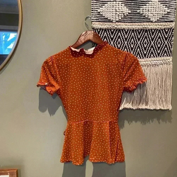 GOOD LUCK GEM BURNT ORANGE POLKA DOT BLOUSE XS - Picture 2 of 4